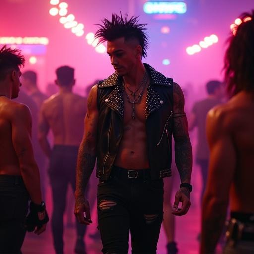 Full body portrait of a male punk model in a nightclub. He has a messy black mullet and black eyes. Tattooed skin shines with sweat under neon lights. Wears a sleeveless studded leather jacket, ripped crop top, tight black jeans, and giant black combat boots. Active nightclub scene.