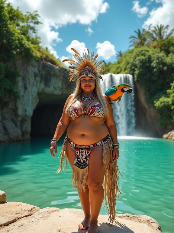 Realistic image features voluptuous young woman on stone pathway by turquoise pool. She wears traditional Indigenous clothes including colorful feather headdress and intricate beaded jewelry. Bikini top is adorned with patterns and skirt features bold tribal designs. Long straight blonde hair, wears accessories. Background shows lush tropical landscape with large waterfall. Bright blue sky, sunny day. Macaw parrot perches on her shoulder. Peaceful atmosphere blending nature and culture. Hyper-realistic scene with stylish pose and high resolution.