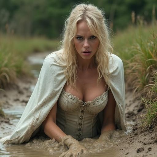 Blonde woman in white corset costume and cape struggles in quicksand. Scene shows urgency and drama. Woman has an expression of fear and determination. She is sinking in dirty boggy quicksand. Background contains natural earthy elements.