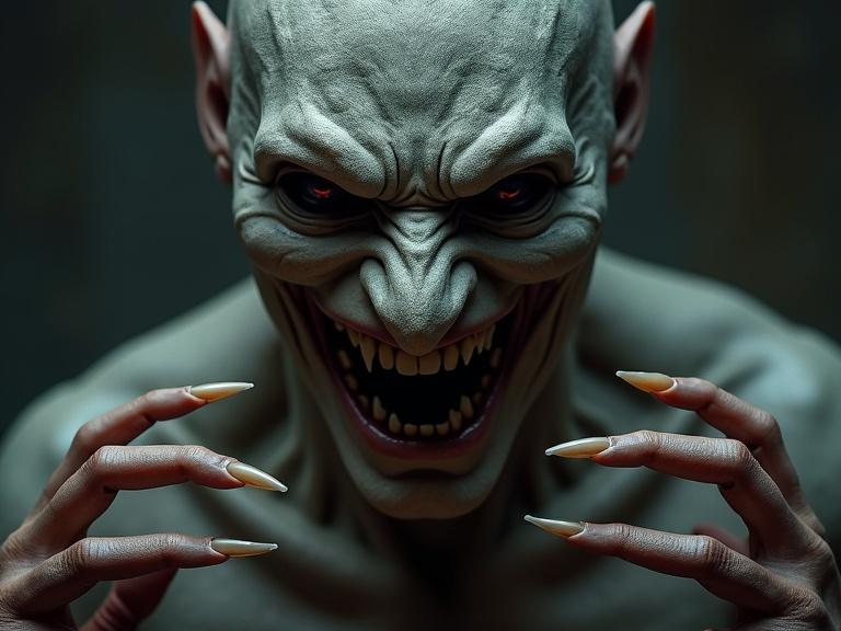 Grotesque creature with sharp claws and fangs. Face has a twisted expression. Smooth mask-like skin. Dramatic lighting creates intense shadows. Close-up view emphasizes features.