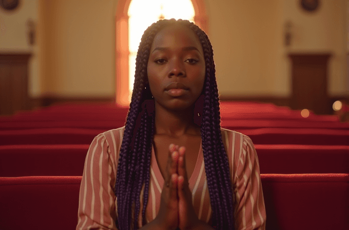 A person with braided hair sits in a church pew, hands clasped in prayer, with warm light streaming through a window behind.