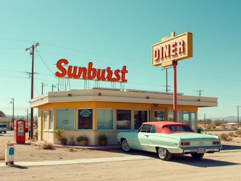Sun-baked desert roadside diner named Sunburst Diner. There is a faded neon OPEN sign. A few parked vehicles, with a classic convertible in front. In the background, a baby drop-off box and water stand. Mid-morning, bright and clear skies.