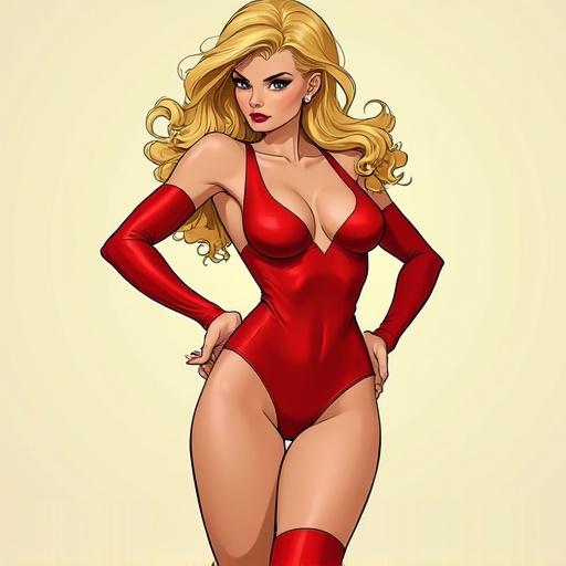 Female character depicted in a full body pose wearing a red leotard. Long blonde hair styled elegantly with accessories. Dynamic and confident expression accentuated by red gloves. Illustration style inspired by Adam Hughes.