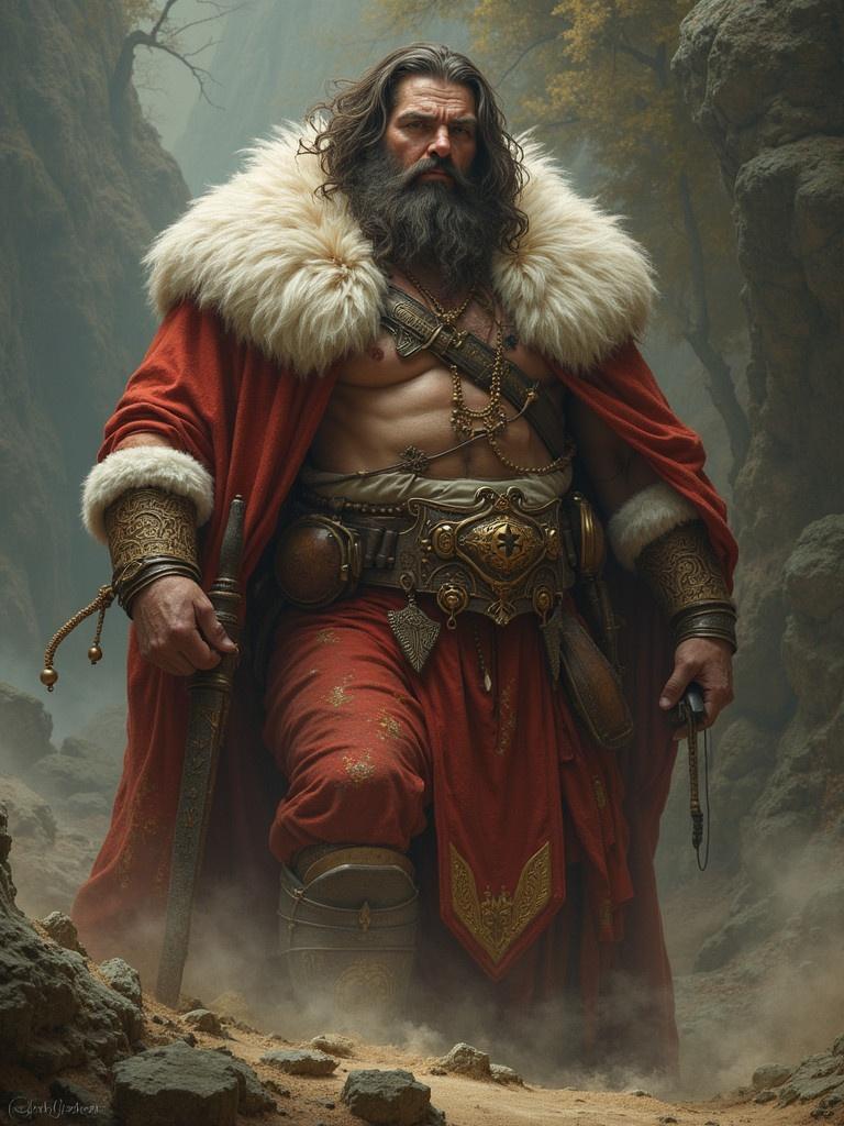 A muscular warrior clad in ornate armor. Rich red cloak and detailed belt. Standing in a misty canyon backdrop. Depicted with a powerful pose and an air of authority.