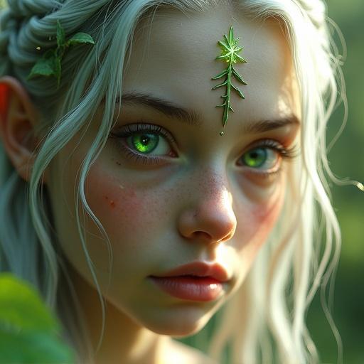 Close-up portrait of a mystical forest guardian girl with ethereal beauty. She has pale porcelain skin with glowing veins and delicate facial features. Long silver hair with leaves in braids. Her eyes glow emerald green. Expression is serene and powerful. Glowing rune on forehead. Cinematic lighting with golden sunlight. Blurred background with pollen and ancient trees. Photorealistic fantasy style.