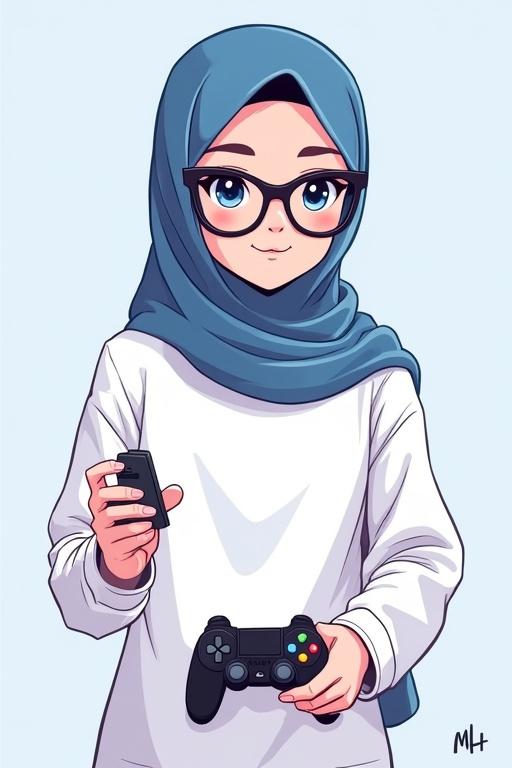 Cartoon-style illustration of a young woman character with no face. She wears hijab and large cat-eye glasses. She holds a game controller and a clicker. She is dressed in a plain white shirt. The style is anime-inspired, similar to Detective Conan, with clean lines. The color theme includes blue shades with pink accents. Text 'MH' is included below in a casual font. The design is fun and modern.