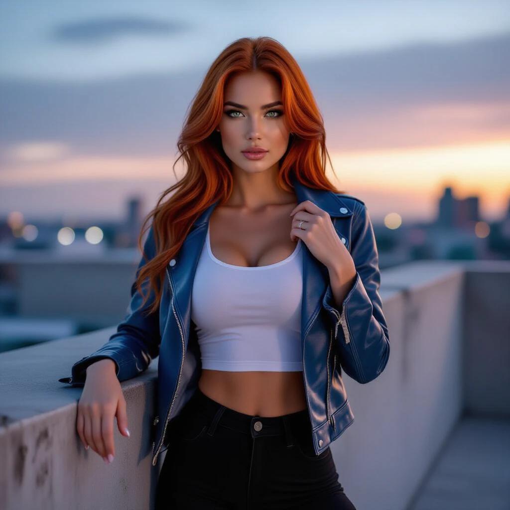 Stunning female model stands in urban rooftop setting. She has flowing red hair and wears tight white tank top and blue denim jacket. Casual pose leaning against concrete wall with one leg bent. Direct gaze at camera with calm expression. Lighting is cinematic and moody with soft bokeh from background. Image is photorealistic with fine details and modern aesthetic.