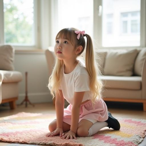 A young girl kneels on a colorful rug in a bright living room. She has long blonde hair styled in twin tails adorned with pink bows. She wears a white crop top and pale pink skirt. The girl has thigh-high socks and black shoes. She glances up curiously with flushed cheeks.