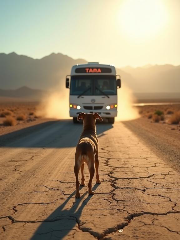 A determined dog stands on a cracked desert road. A white passenger bus labeled 'TARA' approaches. Dramatic lighting from early morning sun creates an intense atmosphere. Dust rises along the road. Mountains are in the background. This scene reflects a moment of confrontation, inspired by travel and animal stories.