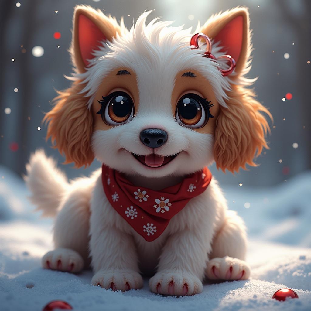 A fluffy dog sits in the snow with a festive red scarf around its neck. Snowflakes gently fall around. The scene exudes a playful and joyful vibe.