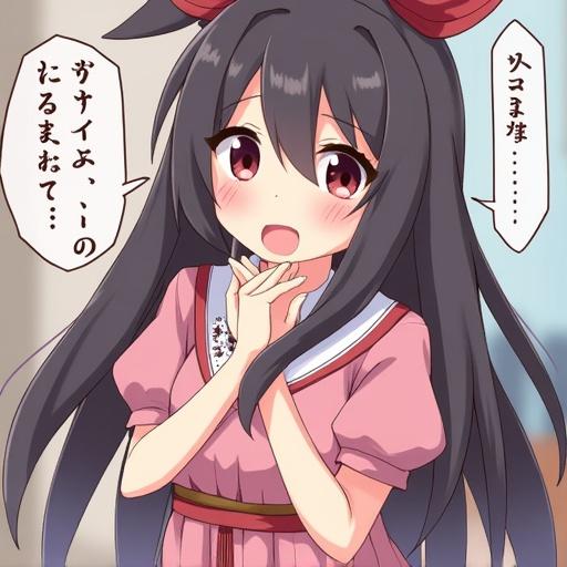 Anime girl with long black hair. She smiles and looks excited. Wearing a pink outfit with large bows. Background softly blurred.