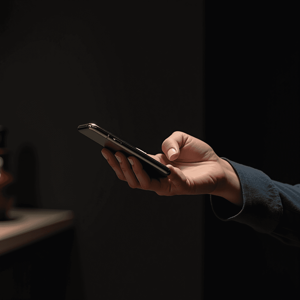 A hand holding a smartphone in a dimly lit setting, emphasizing focus and connectivity.