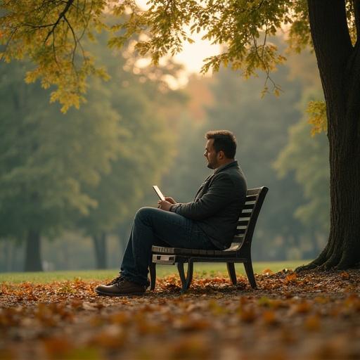 Person sitting alone in a park. Thoughtful expression. Surrounded by trees and fallen leaves. Calm and serene atmosphere.