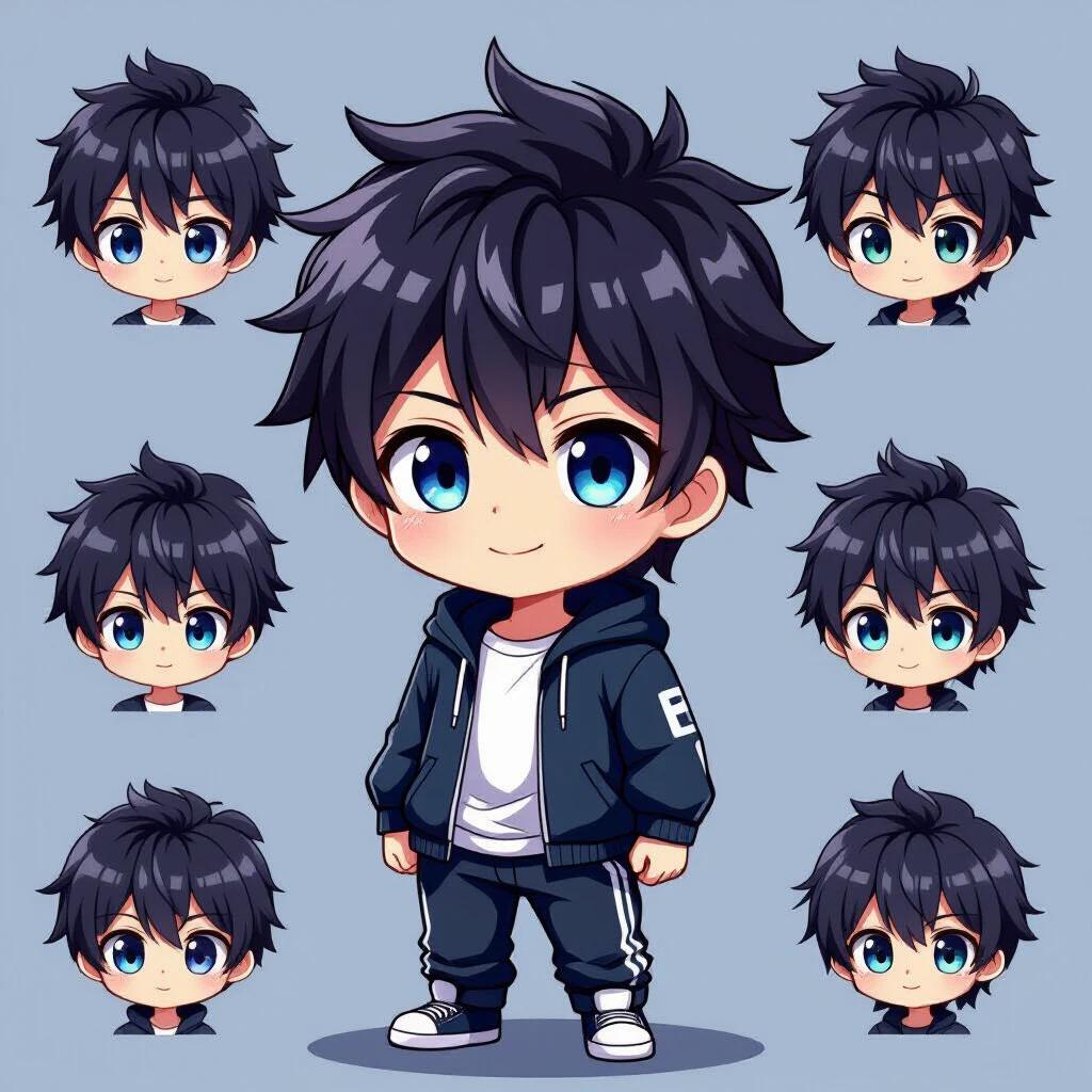 Male anime chibi character with large expressive eyes. Outfit reflects subtle streetwear aesthetic. Design features soft yet striking colors. Character stands in a calm confident posture. Character has tousled hair style. Emphasizes clean lines and smooth shading. Overall minimalist approach with unique elements.