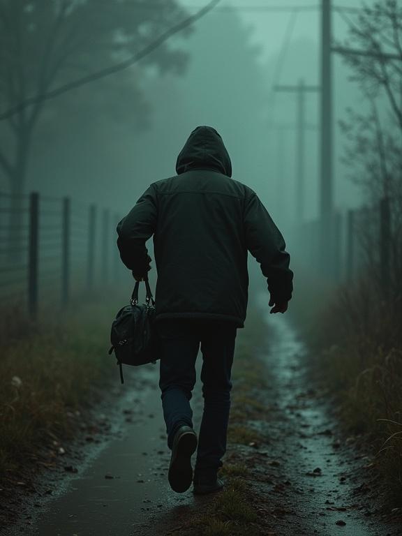 Photorealistic depiction of a man walking away in a foggy, dark setting. He is Latin, dressed in a hooded jacket with a bag. The scene evokes dread and a sense of adventure. The viewer sees him from the back, suggesting movement and urgency.