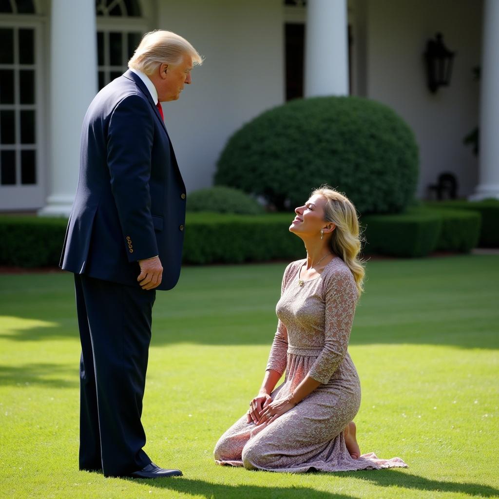 A scene depicting Donald Trump standing and a woman kneeling on the lawn. The setting is a residence in Florida with well-manicured grass and trees. The woman appears engaged and smiling at Trump.