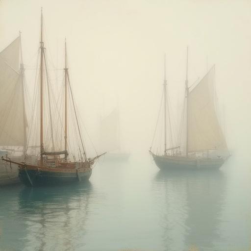 Harbor scene enveloped in mist. Sailboat masts rise through fog. Soft colors dominate the landscape. A peaceful and dreamy atmosphere.