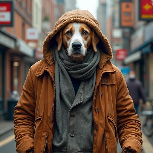 A person stands on a busy street wearing a brown jacket and gray scarf. Buildings and shops are blurred in the background.