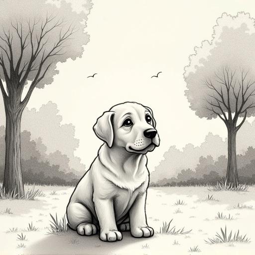 2D pencil illustration for children's book. Rough pencil texture creates depth. A cute labrador dog is situated in a park. The environment is serene with trees. Scene captures a sunny afternoon atmosphere.