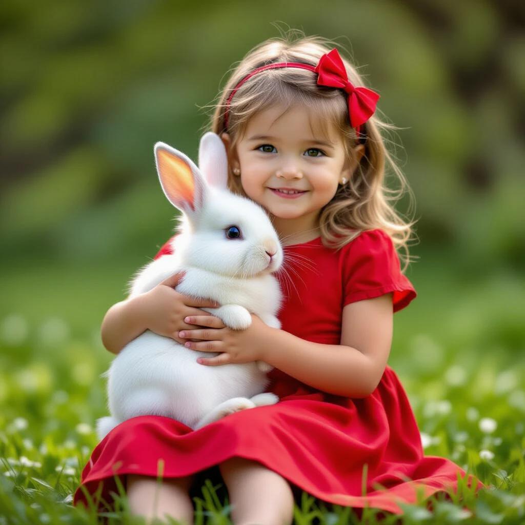 A young girl in a red dress sits on green grass. She holds a cute white rabbit in her lap. Bright background and soft focus enhance the joyful scene.