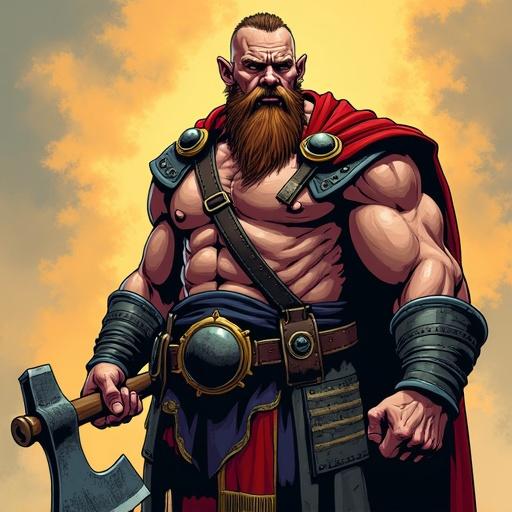 Digital comic book illustration featuring a muscular dwarf with a beard holding an axe. The artwork uses cel-shading technique, rotoscope method, and cinematic composition. Focus on detailed skin and fabric textures with bold outlines in a superhero-like pose.