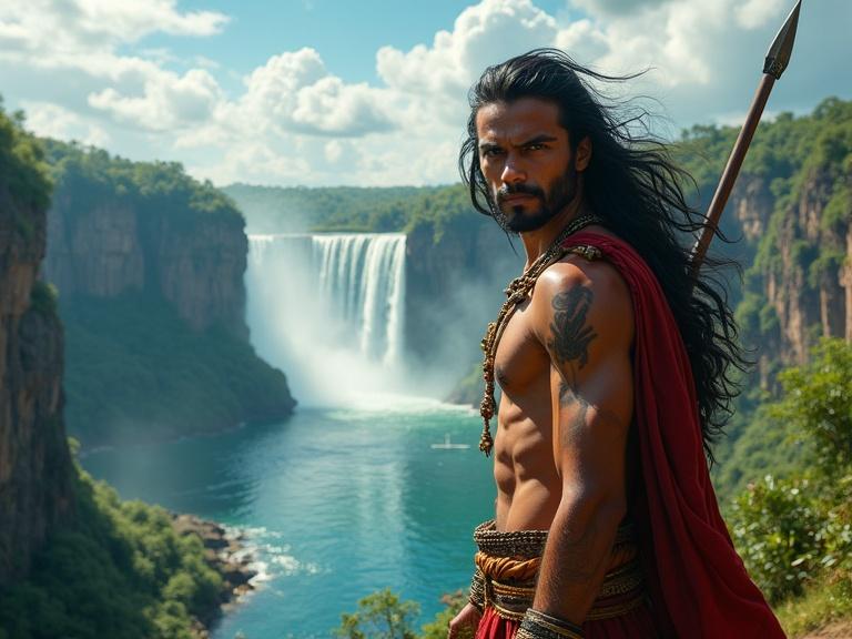 A young South Asian warrior prince stands at a cliff, surrounded by a lush green landscape. A powerful waterfall cascades into a serene lake below. The scene is under a bright sun with dramatic clouds and mist. His fierce expression and strong physique complement the breathtaking nature behind him.