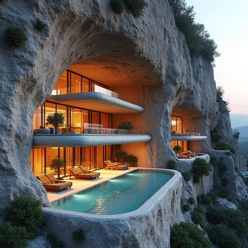 A modern luxury hotel carved into a cliffside, featuring geological and architectural blend. The facade has rock formations and concrete cantilevers. Glazed openings reveal interiors, with terraced levels connected by glass walkways and infinity pools. Vertical gardens soften stone. Recessed lighting enhances textures. At night, the hotel glows warmly against the cliff.