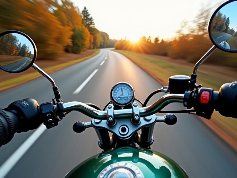 Point of view from a motorcycle driver. Focus on motorcycle handlebars and speedometer. Scenic road and sunset in the background. Trees lining the road with autumn colors.