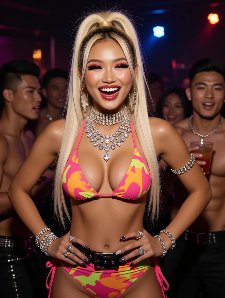 Hot Asian model poses in bright bikini. High blonde ponytail and heavy crystal jewelry. Bright makeup complements party vibe. High boots complete the edgy look. Surrounded by muscular friends in a vibrant nightclub setting. Dancing and enjoying cocktails.