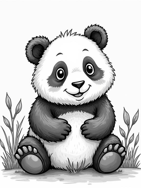 Drawing of a panda suitable for coloring. Panda has a friendly and cute expression. Panda has a fluffy body and is surrounded by grass.