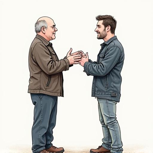 Illustration of two men playing a clapping game. One man has gray hair and wears a dark jacket. The other man is younger with dark hair wearing a denim jacket. They are facing each other engaged in a playful moment.