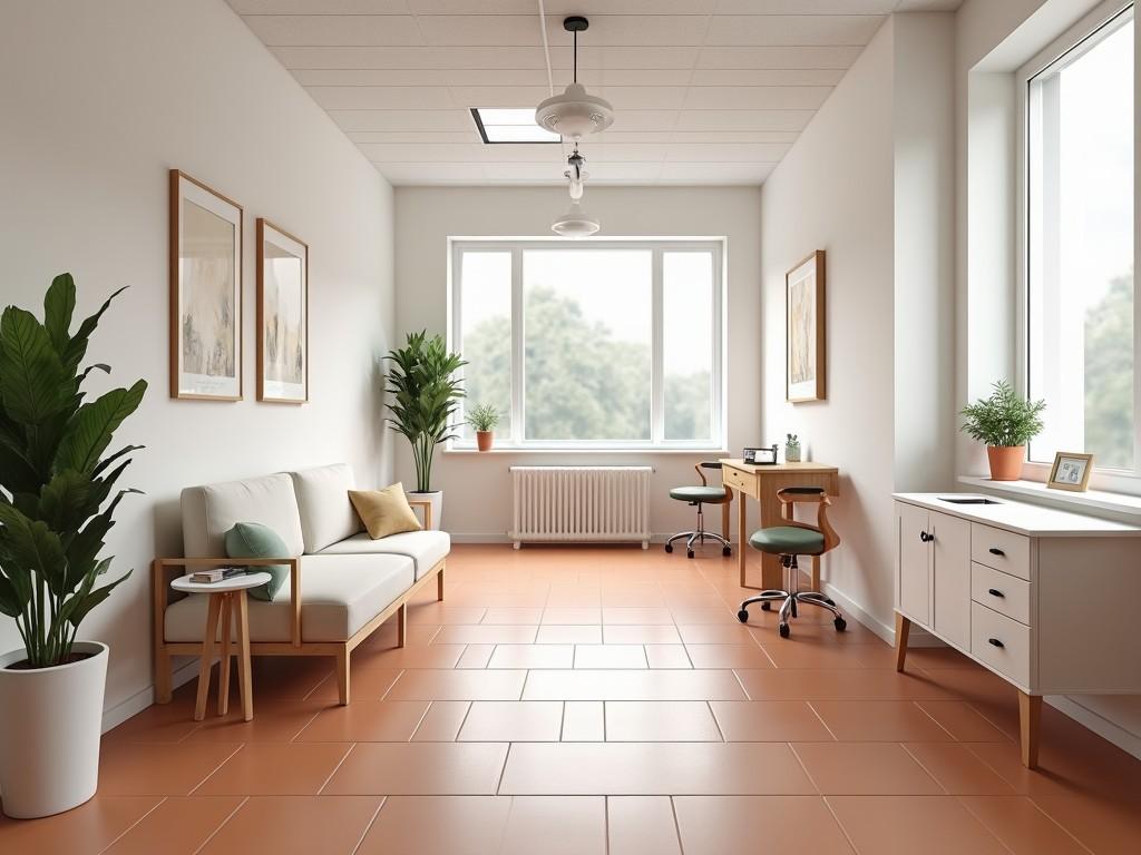 This image showcases a modern dental office designed with a light color palette. The focal point is a large window that allows natural light to brighten the room. The floors are covered in light terracotta tiles, creating a warm and welcoming atmosphere. There are green plants strategically placed to enhance the calming environment. The furniture includes a stylish sofa and minimalist desk, perfect for a dental practice. Overall, the space reflects a modern yet professional feel ideal for patients.