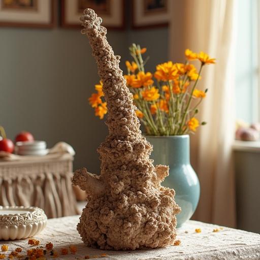 Unusual sculpture resembling plant like form with detailed textures and bright flowers in background