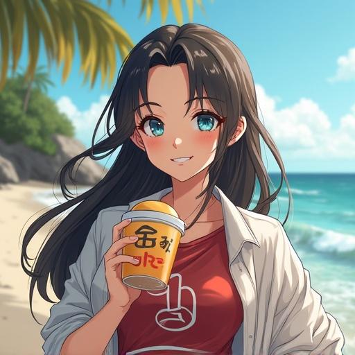 A Japanese woman sitting on the sandy beach. She has long hair and is holding a drink. The setting is sunny with palm trees in the background.