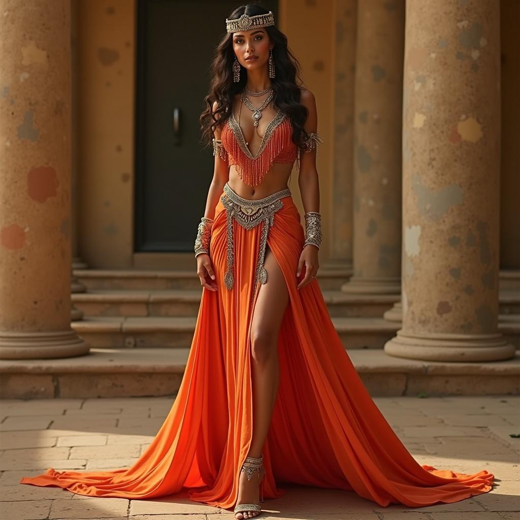 Model showcasing a vibrant orange gown with ancient Egyptian influences. Dress features intricate detailing, including metallic jewelry. The background includes stone columns, enhancing the regal aesthetic.