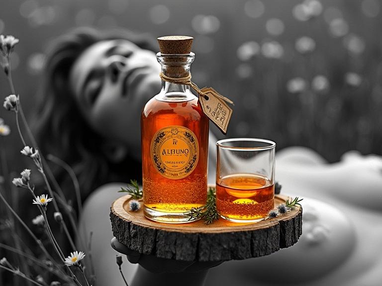 Selective color art piece with golden-reddish shimmering bottle against black and white background. Close up of apothecary bottle labeled 'ALFRUNO' on wooden plate. Beautiful woman reclining in wildflowers. Bright shining liquid in bottle and glasses. Cork lid and elegant hang tag. Surrounded by green herbs and roses. Rough sketch style with high contrast.