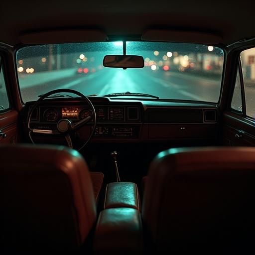 Scene occurs inside an old car from the 1980s at night. Soft warm lighting comes from streetlights. Introspective and slightly tense atmosphere with low lighting and shadowy faces. Interior features retro style. Front seat divided with gray fabric. Back seat flat with similar fabric. Thick dark steering wheel. Instrument panel not visible, simple design. Windows slightly fogged with condensation. Yellow streetlight reflections on rear window. Two books between back passengers. Visible exterior includes street with yellow light posts leading into the distance, background suggests a wet tunnel or road, creating depth. Cold or humid climate indicated by window condensation. There are four young people in the car: driver with focused serious look, front passenger smiling, back passenger serene, and another back passenger serious but mysterious.