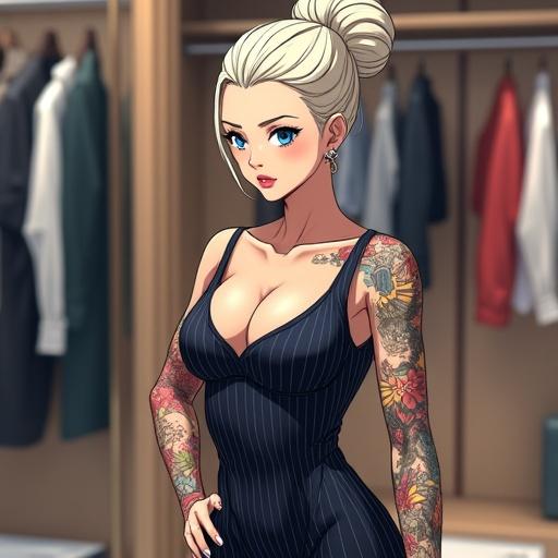Anime woman aged 36 with frosted blue eyes and oversized blonde bun. She wears a professional pinstriped office dress. The scene is set in a luxurious mega mansion's closet featuring traditional Japanese tattoos. The woman showcases a normal look with light pink lipstick and has muscular arms with visible abs.