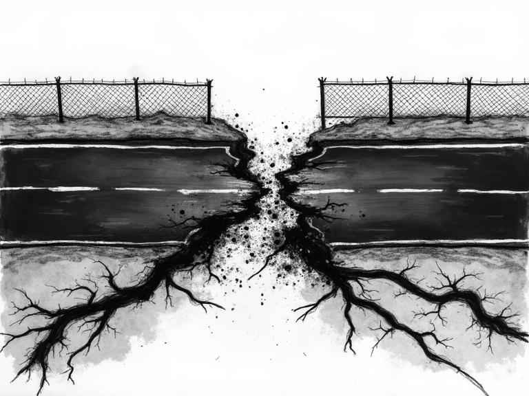 Sketchbook-style top-down view of a fractured black asphalt road. Jagged cracks and broken white lines with chaotic desert terrain around it. Chain-link fence across the top. Rendered in black ink with no color. Expressive brushstrokes and destructive contrast.