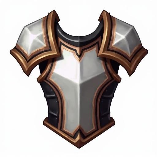 Icon showcasing a breastplate design featuring silver and white colors with brown and black accents. Designed for a card game and styled similarly to World of Warcraft. Size 48 x 48 pixels. Features a transparent background.