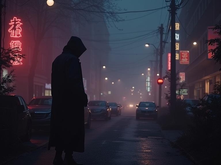 A dark urban street at night with neon signs. Fog creates a mysterious atmosphere. A person in a dark coat stands quietly. Street is lined with cars. The scene has a dreamlike quality.
