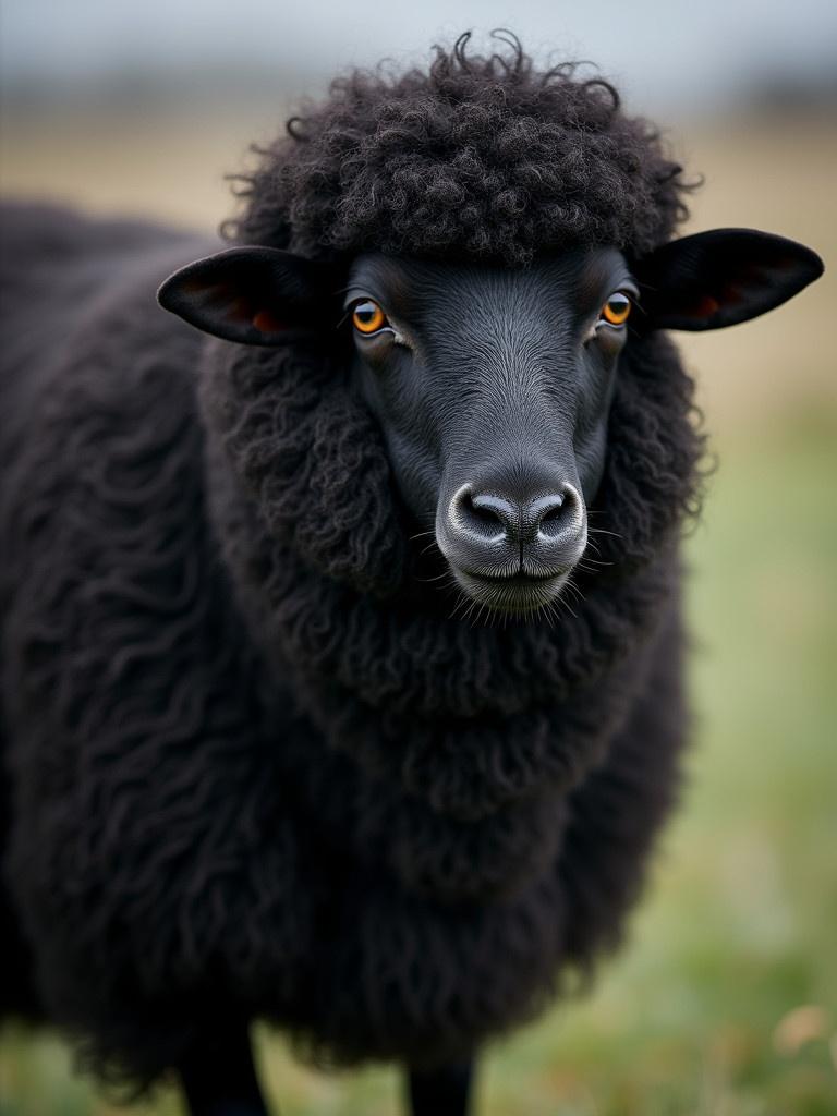 A black sheep with fluffy curly fleece and bright eyes stands in a green field. The background is blurred, focusing on the sheep's features.