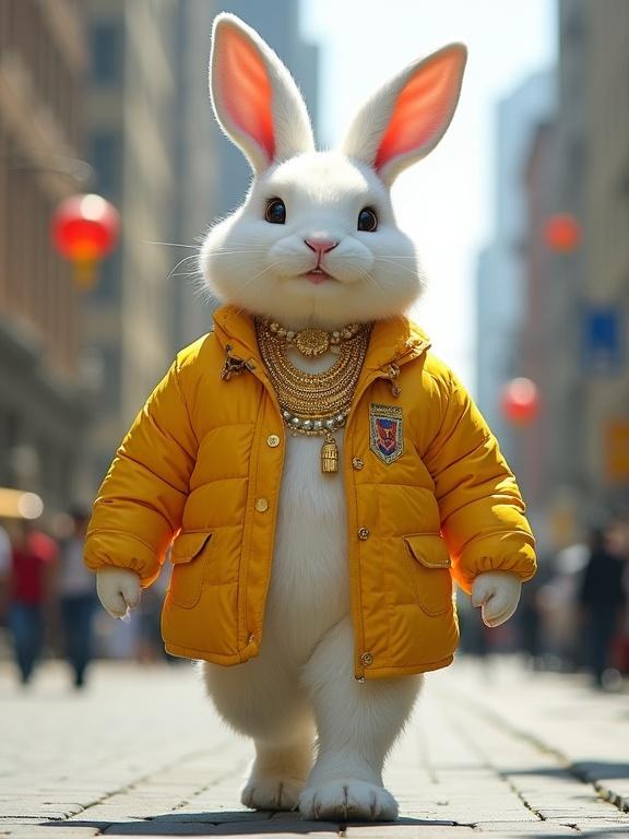A large white rabbit in a vibrant yellow jacket. The rabbit wears colorful golden jewelry. The rabbit has a gym body and walks confidently in a city street.
