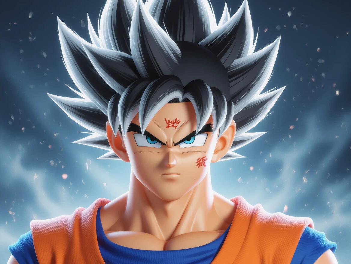 Ultra realistic depiction of a character with spiky white hair. Emphasis on facial expression and hair details. Character wears a blue and orange outfit. Background is a soft glow with hints of movement.