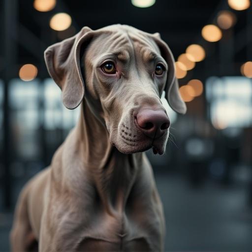 A weimaraner is in a gym setting exercising and showcasing fitness. The dog stands in the foreground with a blurred gym background.