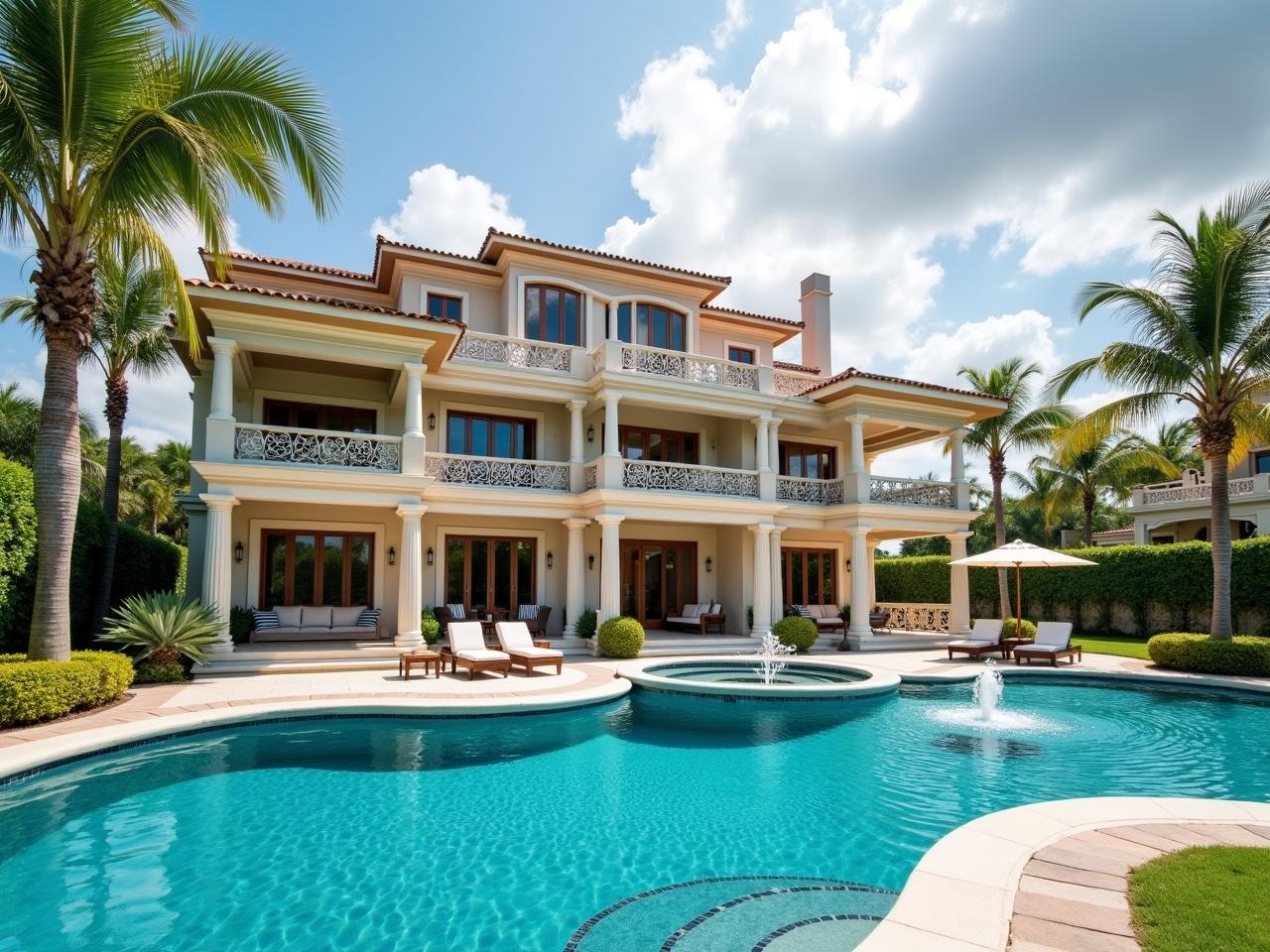 The image showcases a stunning luxury villa with an elegant architectural design. The villa has multiple levels and spacious balconies adorned with intricate railings. A beautiful swimming pool is situated in the foreground, with a small fountain adding to its charm. The landscaping features well-manicured lawns and tall palm trees, creating a tropical atmosphere. The sky is partly cloudy, giving a warm, inviting feel to the scene. Overall, the image captures a serene and opulent lifestyle.