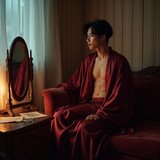 A young man in a silk kimono sits on a lounge in a softly lit room. The warm light reflects off a vintage mirror. Rain falls gently outside. The atmosphere feels intimate and contemplative. A low desk holds sheet music and a porcelain cup. Jewelry peeks from a drawer. His gaze is focused; a delicate mood prevails.