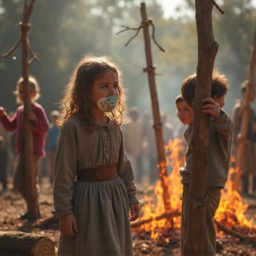 Outdoor scene depicts children engaged in imaginative play. A girl wears an oversized pacifier while surrounding children simulate a communal experience. Poles support nearby children. A simulated fire provides ambiance. Background activities include additional children engaged in the scene.