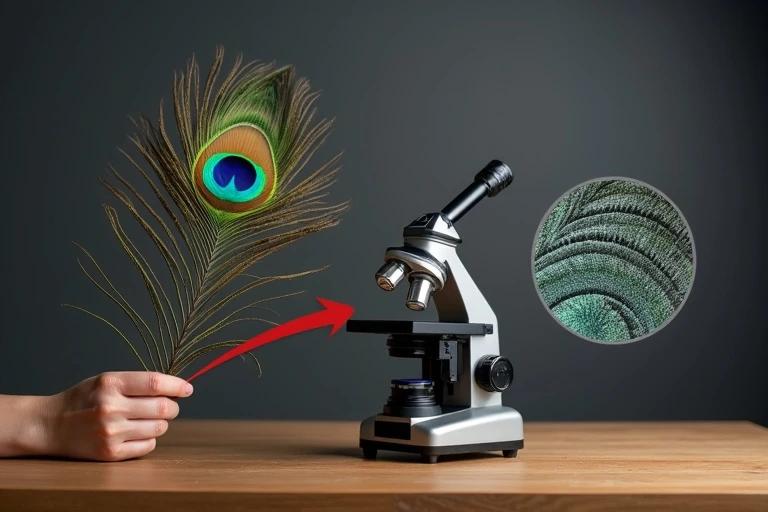 A photograph depicts a hand holding a peacock feather. The feather shows emerald green sapphire blue and gold hues. The background is smooth and charcoal gray. A big microscope rests on a wooden table. A red arrow points from the feather to the microscope. Another arrow highlights the feather's microscopic textures in a circle. The scene is softly lit, with text reading Hafiz Shahzaib Discovery Studio in the corner.