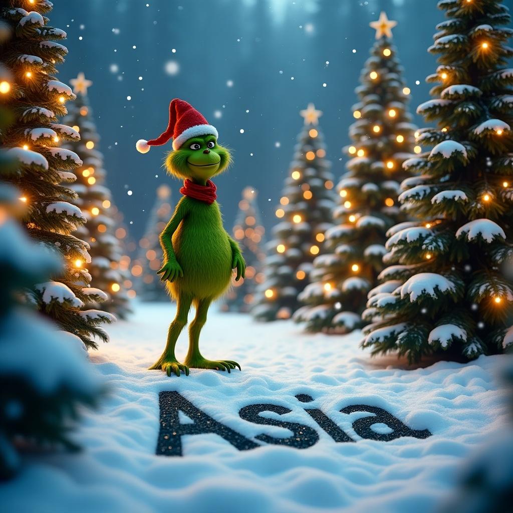 The Grinch stands in snow surrounded by decorated Christmas trees. Grinch writes 'Asia' in snow. Whimsical holiday scene created with lights and festive atmosphere.